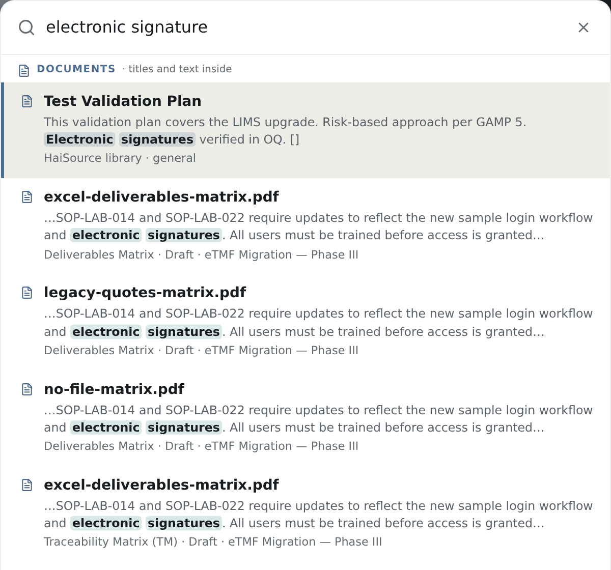 Hai-Trust search showing documents that mention electronic signatures, with the matching passage highlighted